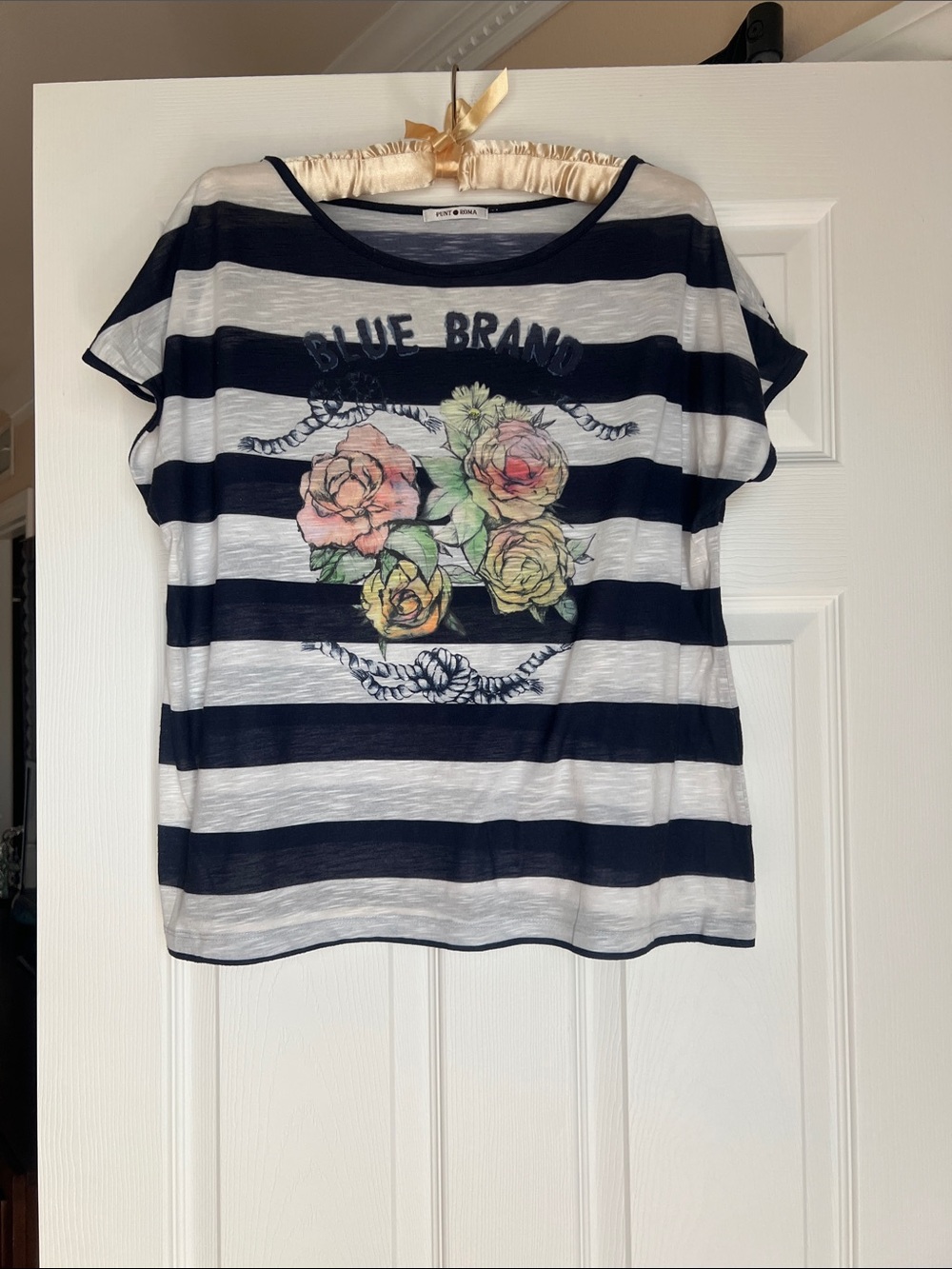 Striped Floral Tee with 'BLUE BRAND' Graphic